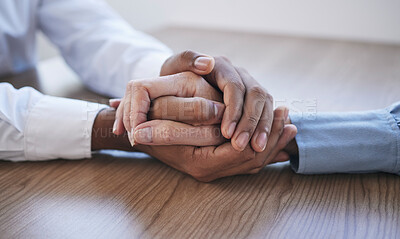 Buy stock photo Closeup, holding hands and people with support, partnership and collaboration for compassion, helping and cancer. Zoom, hand or teamwork with empathy, meeting or community care, depression or sad