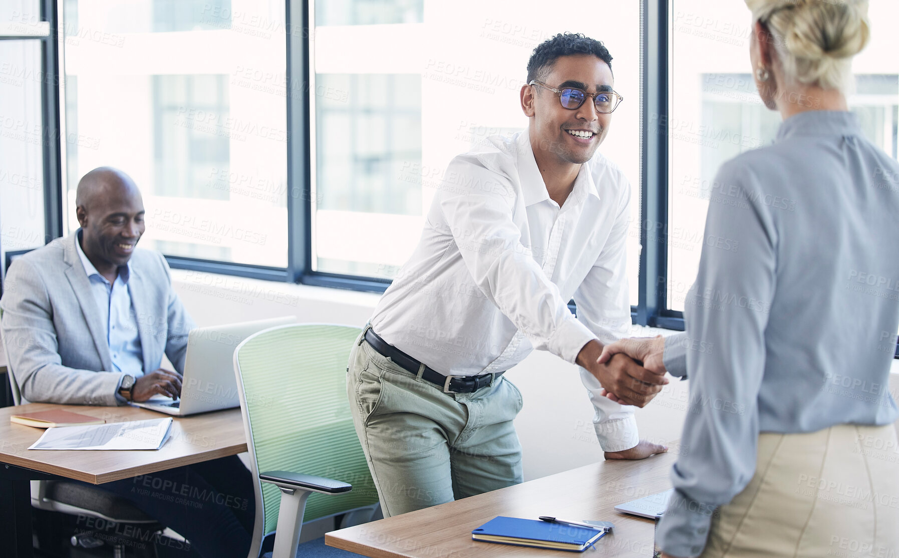 Buy stock photo Partnership, handshake and greeting business people in office in an agreement, collaboration and as colleagues. Team, corporate and meeting employee and worker at the workplace together