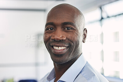 Buy stock photo Business, leadership and portrait of happy black man, confident startup ceo and company manager. Vision, future and proud businessman, leader in growth and development of corporate Africa with smile.