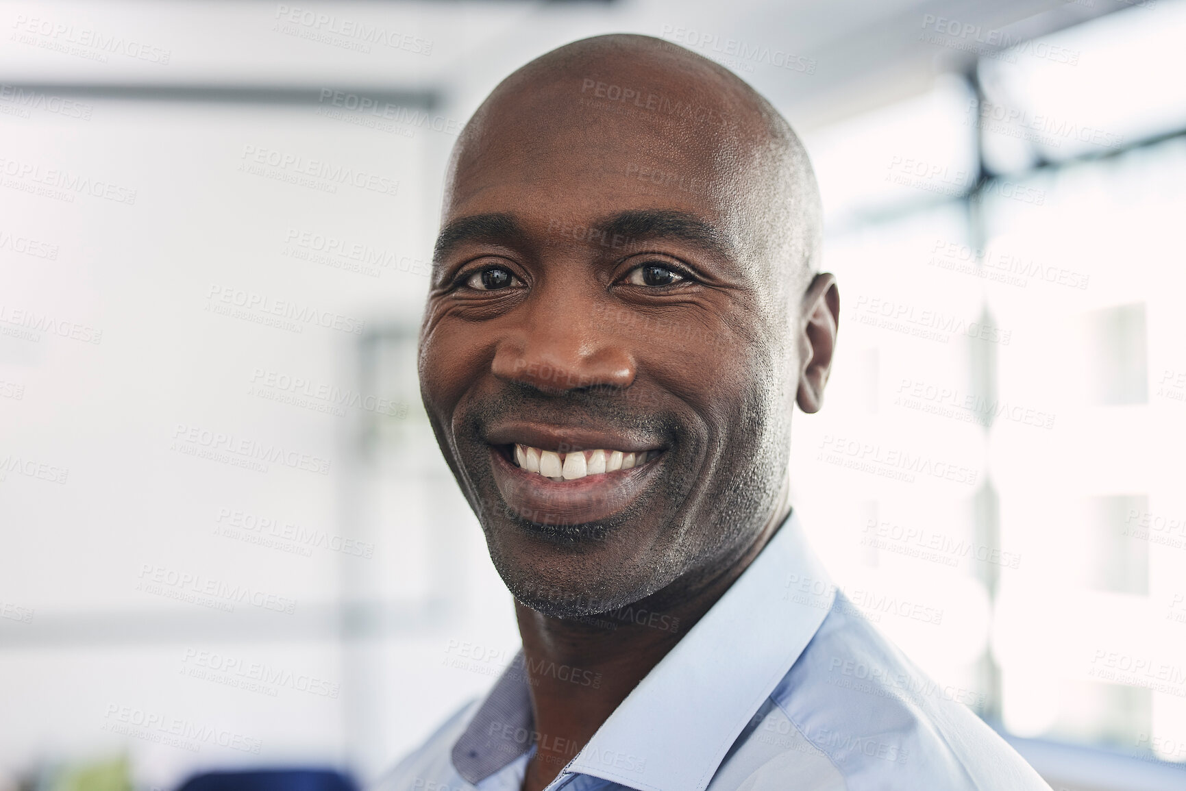 Buy stock photo Business, leadership and portrait of happy black man, confident startup ceo and company manager. Vision, future and proud businessman, leader in growth and development of corporate Africa with smile.