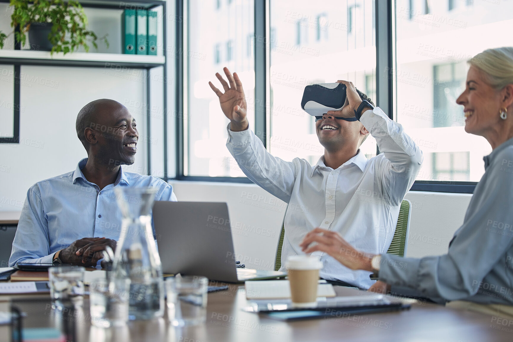 Buy stock photo Virtual reality, people meeting and futuristic developer test, future technology review and metaverse experience. VR glasses of digital team, employees or business group for cyber app development