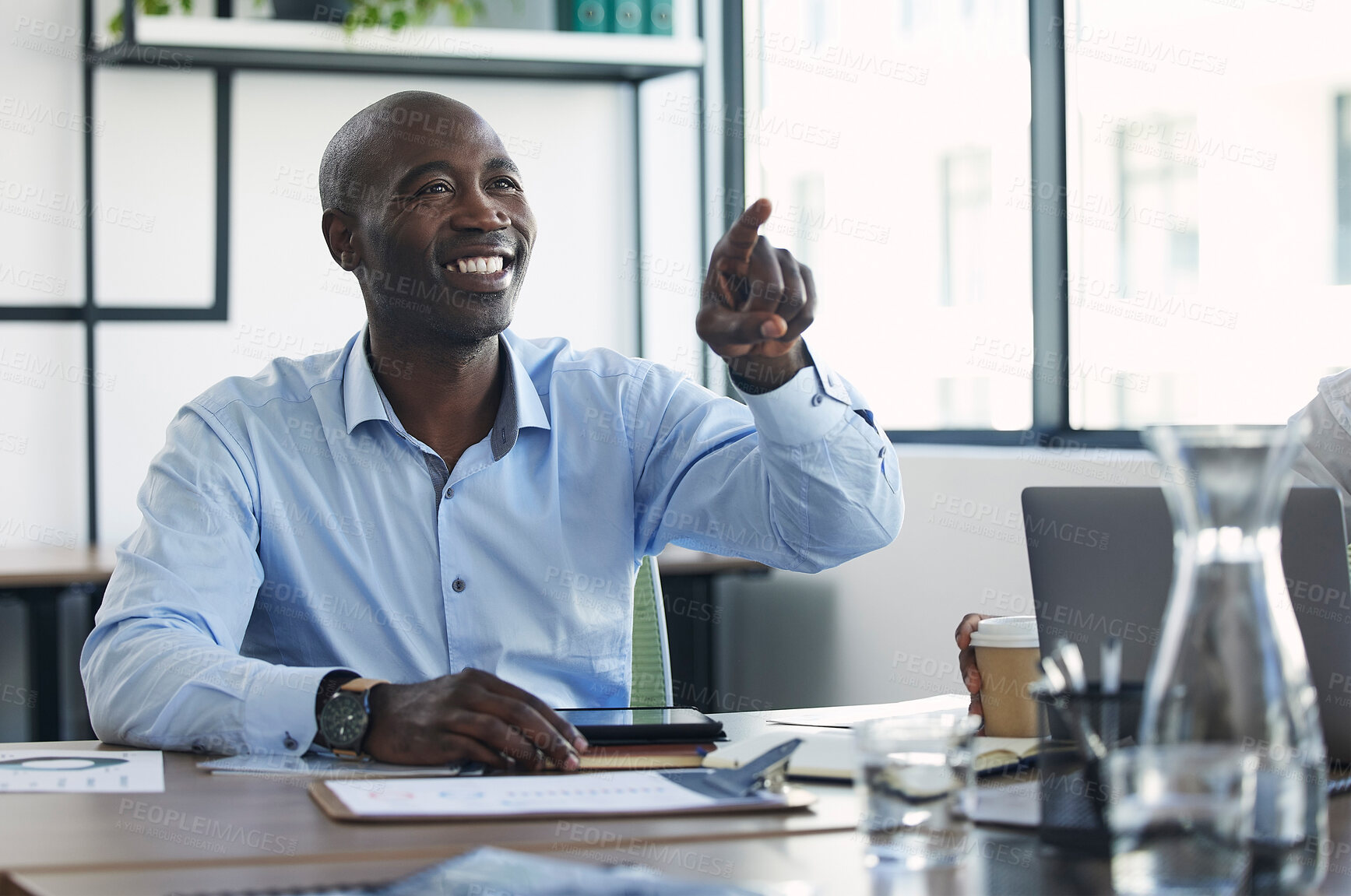 Buy stock photo Vision, management and black man pointing in an office for motivation, decision and plan. Smile, vision and African employee with a hand gesture looking for an idea, inspiration and opinion at work