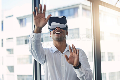 Buy stock photo VR, ai and businessman with a headset for a metaverse, digital planning and 3d innovation. Futuristic, gesture and employee with glasses for cyber marketing, virtual reality idea and creativity