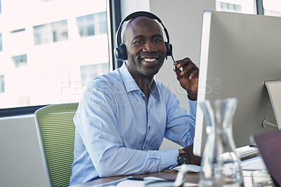 Buy stock photo Crm agent, call center and black man portrait with a smile from business and telemarketing. Office, consulting and web support employee working on an online consultation for digital help and advice