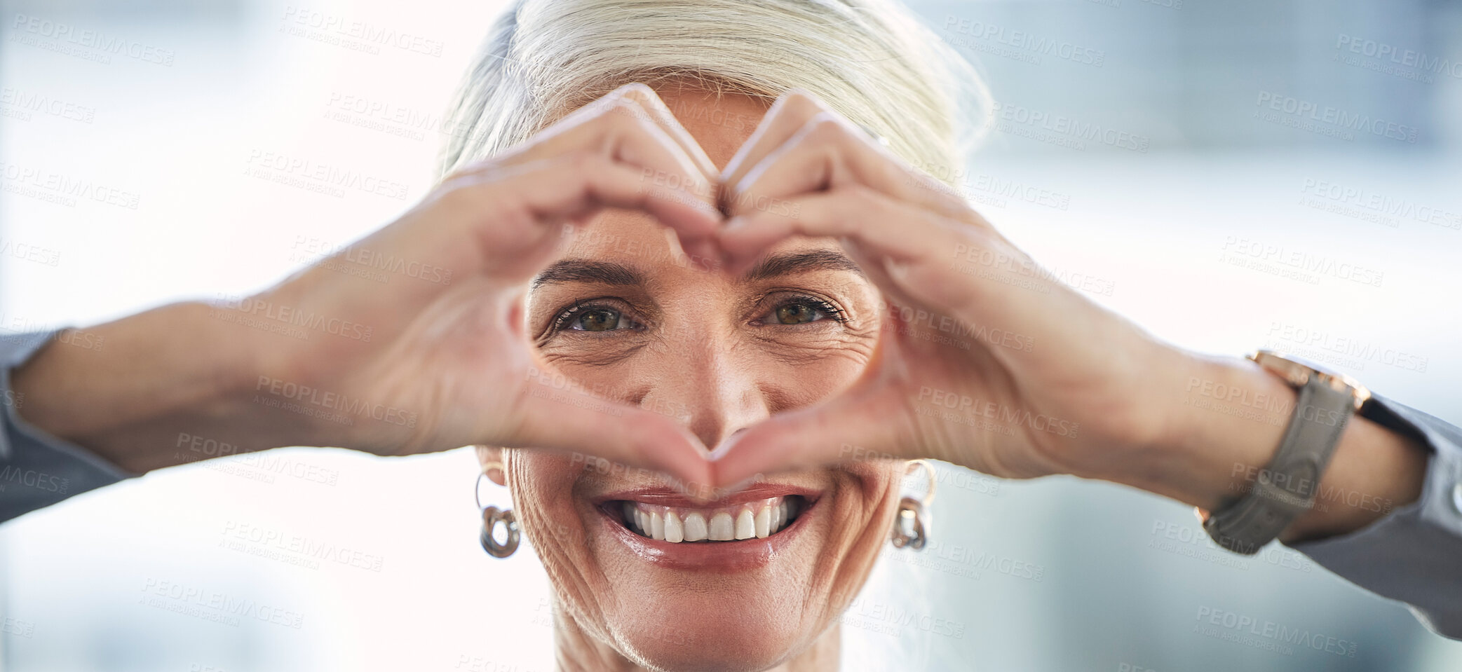 Buy stock photo Portrait, hands and heart with a business woman in the office, feeling love for her corporate career. Face, emoji or hand sign with a senior female manager or ceo work looking happy and confident