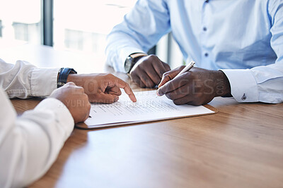 Buy stock photo Hand, signature and contract with a business man in a meeting with human resources for performance review. Documents, hiring and recruitment with a male employee signing paperwork in an office 