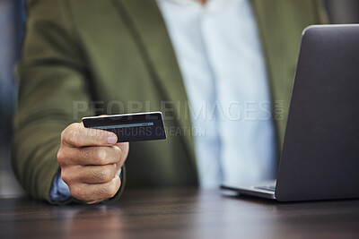 Buy stock photo Online shopping, credit card and hands of businessman with laptop for ecommerce, payment and fintech. Digital finance, stock market and male with computer for business budget, investment and banking