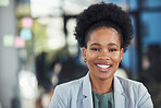 Portrait, business and smile of black woman in office ready for company goals in workplace. Ceo, boss and face of happy female entrepreneur from Nigeria with vision, mission and success mindset.