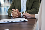 Meeting, office and woman signing a contract after a corporate job interview with human resources. Paperwork, signature and professional female writing on a business company document in the workplace