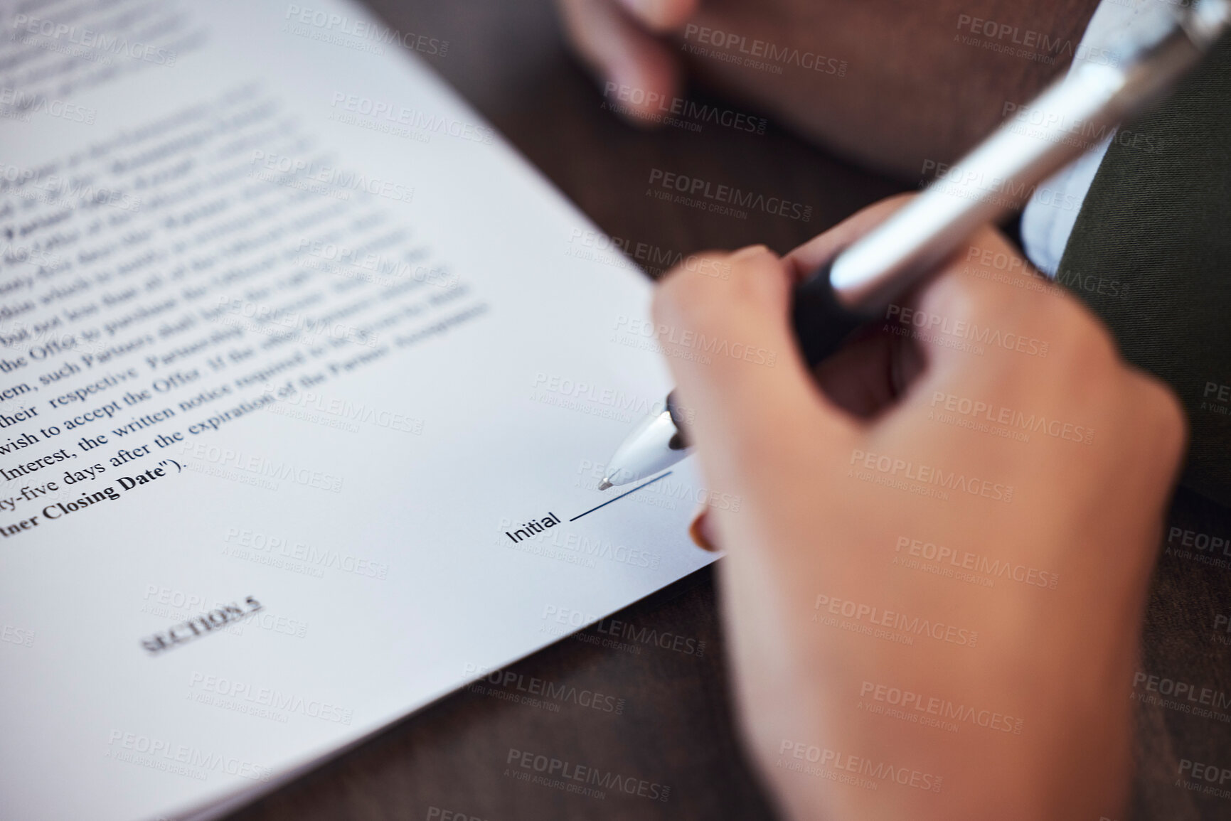 Buy stock photo Sign contract, hand and pen with agreement, legal document and hiring with employment paperwork and hr. Compliance, person with signature, lawyer and work policy with recruitment and closeup