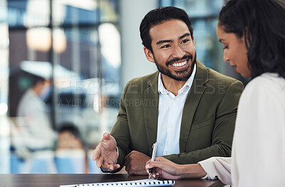 Buy stock photo Documents, coaching and business people writing in office for sales project in workplace. Cooperation, collaboration and happy manager or mentor training woman with paperwork research and planning.