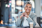 Smile, executive and portrait of a woman in business for working, success and goals. Corporate, happy and mature office employee sitting at a desk to start work in the morning at a legal company