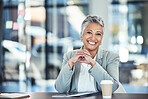 Professional, law and portrait of a woman in business, working with confidence and pride. Smile, happy and mature office employee sitting at a desk to start work in the morning at a legal company