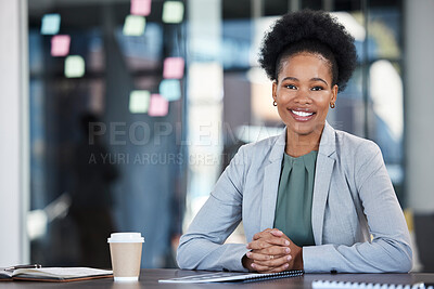 Buy stock photo Happy business portrait of black woman planning company project, goals and startup management career. Professional employee, Human Resources manager or person ideas, vision for success and leadership