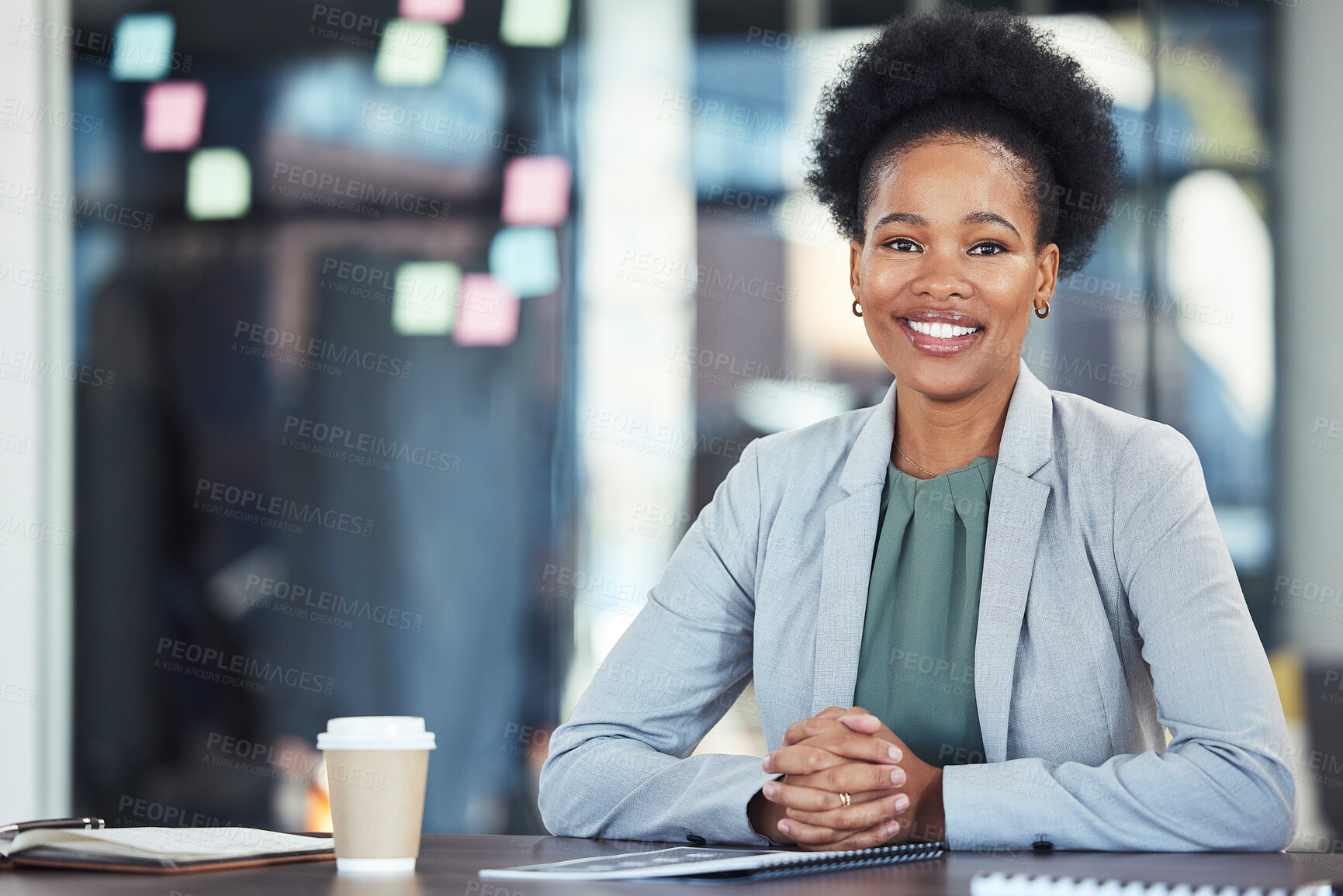 Buy stock photo Planning, office portrait and black woman with company mission, goals or startup management strategy. Professional employee, business or corporate person with ideas, vision for success and leadership