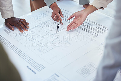 Buy stock photo Architecture, construction team and hands with blueprint for planning, building strategy and estate project. Engineering, property development and contractors with illustration, design and floor plan