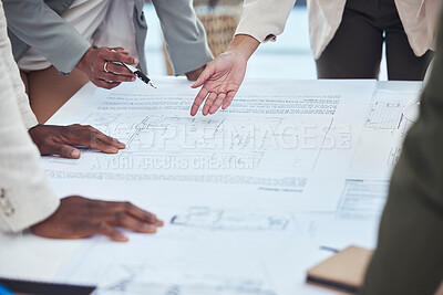 Buy stock photo Architecture, engineering team and hands with blueprint for planning, building strategy and meeting. Construction site, property development and contractors with illustration, design and floor plan