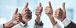 Hands, people and thumbs up for thank you, good job or success in collaboration, agreement or success. Hand of group showing thumb emoji for winning, yes or support in trust, teamwork or solidarity