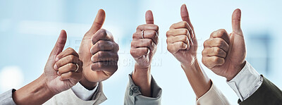 Buy stock photo Hands, people and thumbs up for thank you, good job or success in collaboration, agreement or goals. Hand of group showing thumb emoji for winning, yes or support in trust, teamwork or solidarity