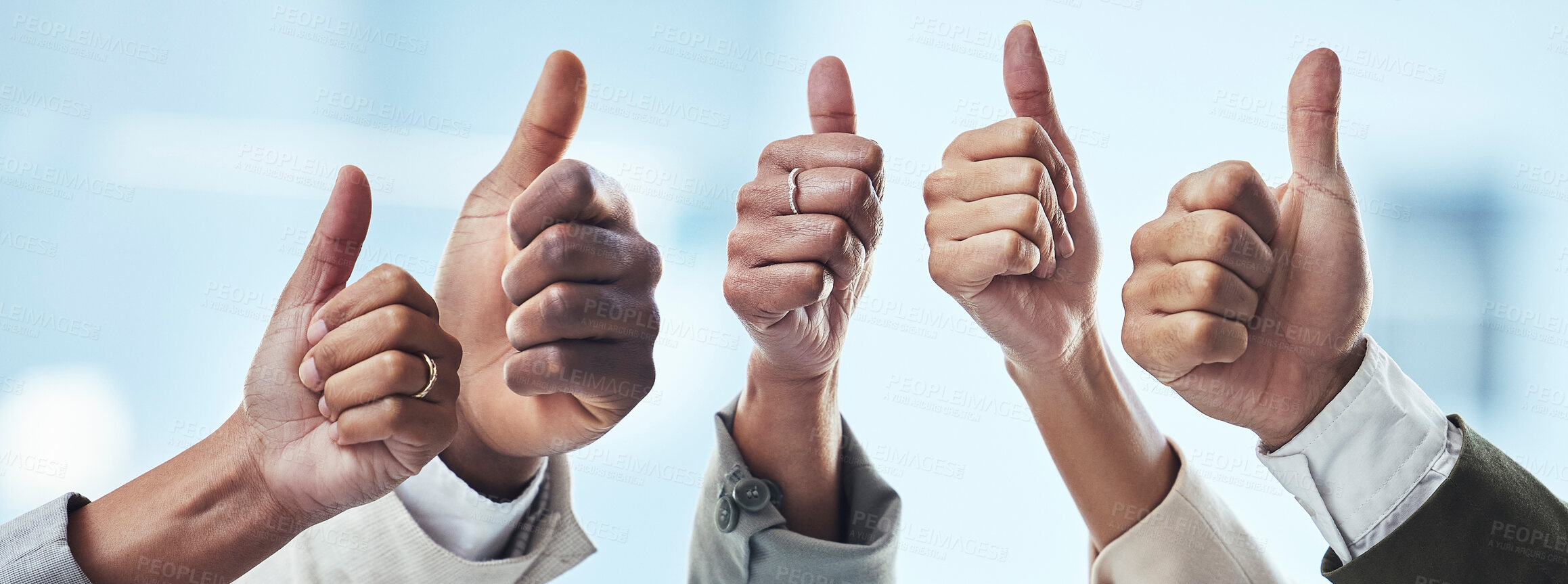 Buy stock photo Hands, people and thumbs up for thank you, good job or success in collaboration, agreement or goals. Hand of group showing thumb emoji for winning, yes or support in trust, teamwork or solidarity