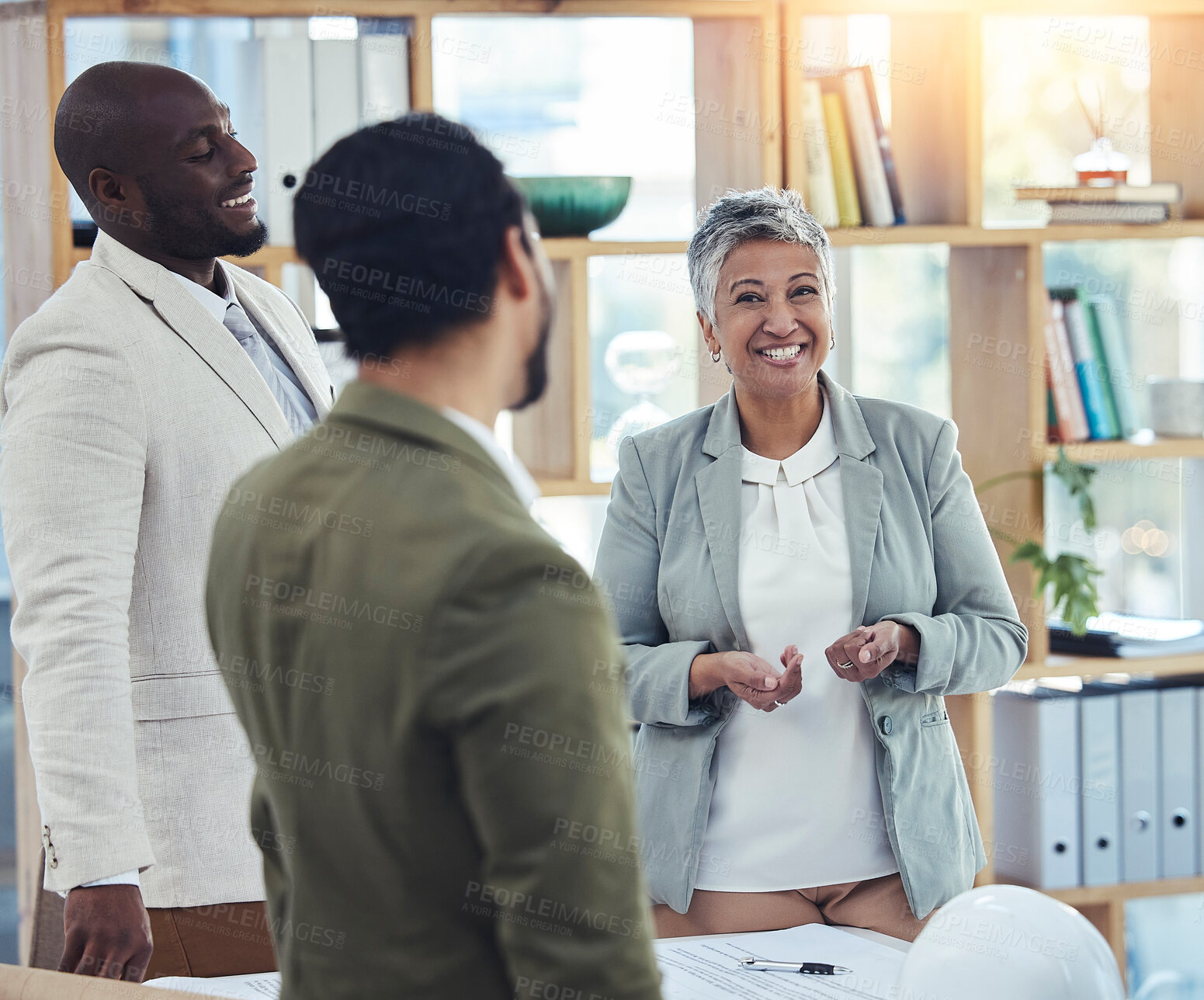 Buy stock photo Business people, senior woman and meeting with men, smile and happiness for agreement at negotiation. Black man, businessman and manager in funny chat, teamwork and friends for diversity in workplace