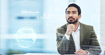 Buy stock photo World, thinking and overlay with a business man using ux interface for global data analysis. Metaverse, ai or 3d hologram searching a vr database for finance network, stock market or trading