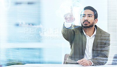 Buy stock photo 3d, overlay and businessman with a world hologram in the office for global data or statistics analysis. Metaverse, interface and professional male employee with virtual reality database in workplace.