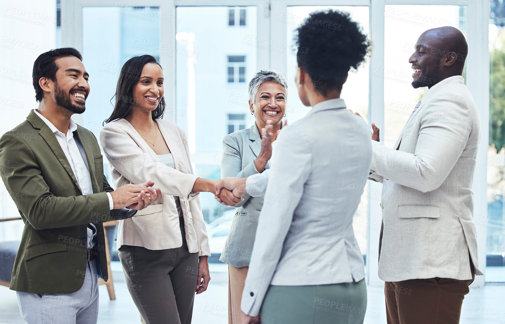 Buy stock photo Handshake, business deal and b2b consulting applause with office management group. Happiness, success and teamwork of corporate leadership shaking hands for contract and thank you hand gesture