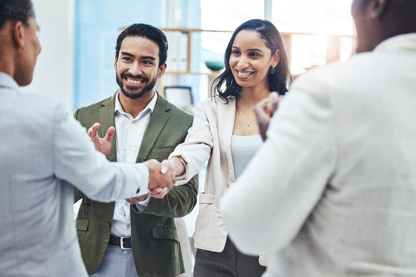 Buy stock photo Handshake, business people and applause from consulting success with office management group. Happiness, hiring and teamwork of leadership shaking hands for contract and thank you hand gesture