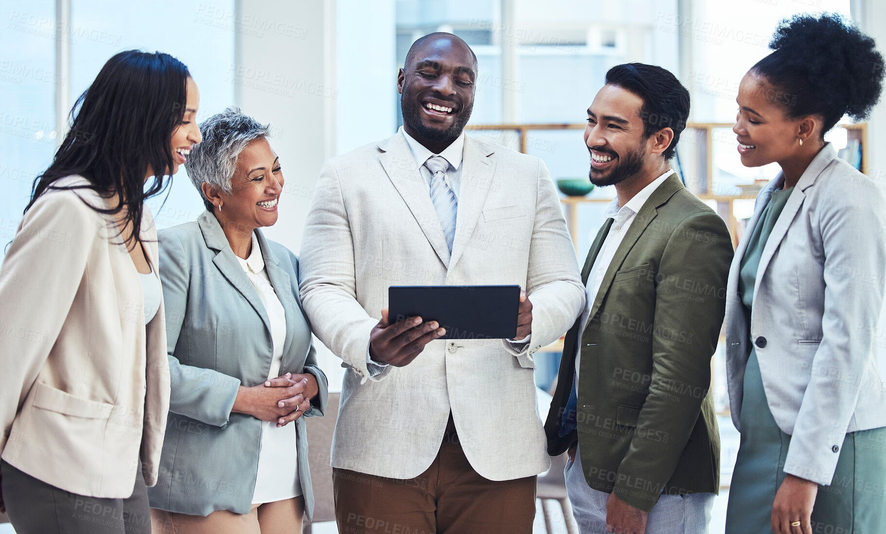 Buy stock photo Business people, black man or meeting with tablet for meme content or funny comedy on social media. Leadership, team building or happy manager with employees laughing or bonding together in an office