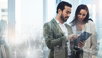 Buy stock photo City overlay, tablet and business people in a office with corporate data and work communication. Working, planning and talking lawyer staff bust with website research, law analysis and digital report