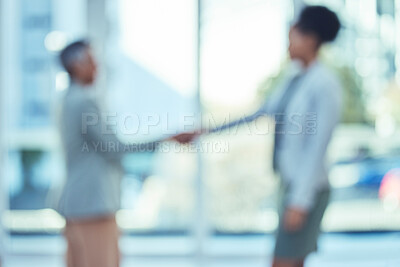 Buy stock photo B2b Handshake, business deal or senior manager consulting or talking to a black woman in office building. Partnership, blurred or successful people shaking hands for contract, thank you or agreement