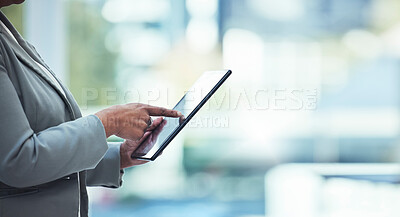 Buy stock photo Tablet, business woman hands and accounting search in office for corporate tax data and mockup. Financial analyst, compliance research and fintech analytics of a female employee working with mock up