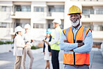 Portrait, black man arms crossed and outdoor on construction site, smile and manager with confidence. Face, male employee and happy leader with happiness, corporate and new building with renovations