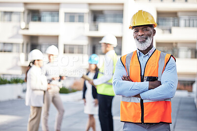 Buy stock photo Portrait, black man arms crossed and outdoor on construction site, smile and manager with confidence. Face, male employee and happy leader with happiness, corporate and new building with renovations