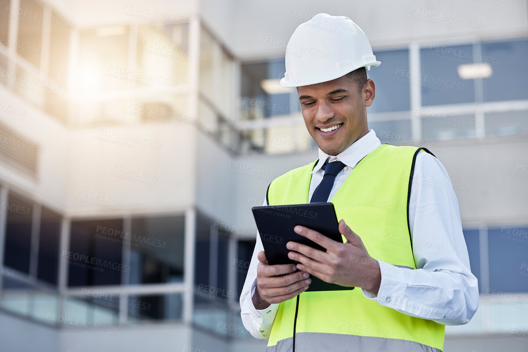 Buy stock photo Engineering, digital tablet and man construction worker on outdoor building site in the city. Happy, smile and male industry worker or contractor working on a mobile device for maintenance management