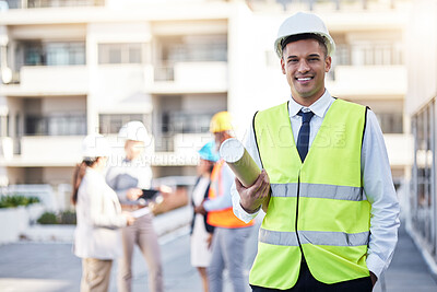 Buy stock photo Portrait, engineering or architect with a blueprint on construction site planning a real estate building. Designer, leadership or happy man with smile or vision of renovation or project management