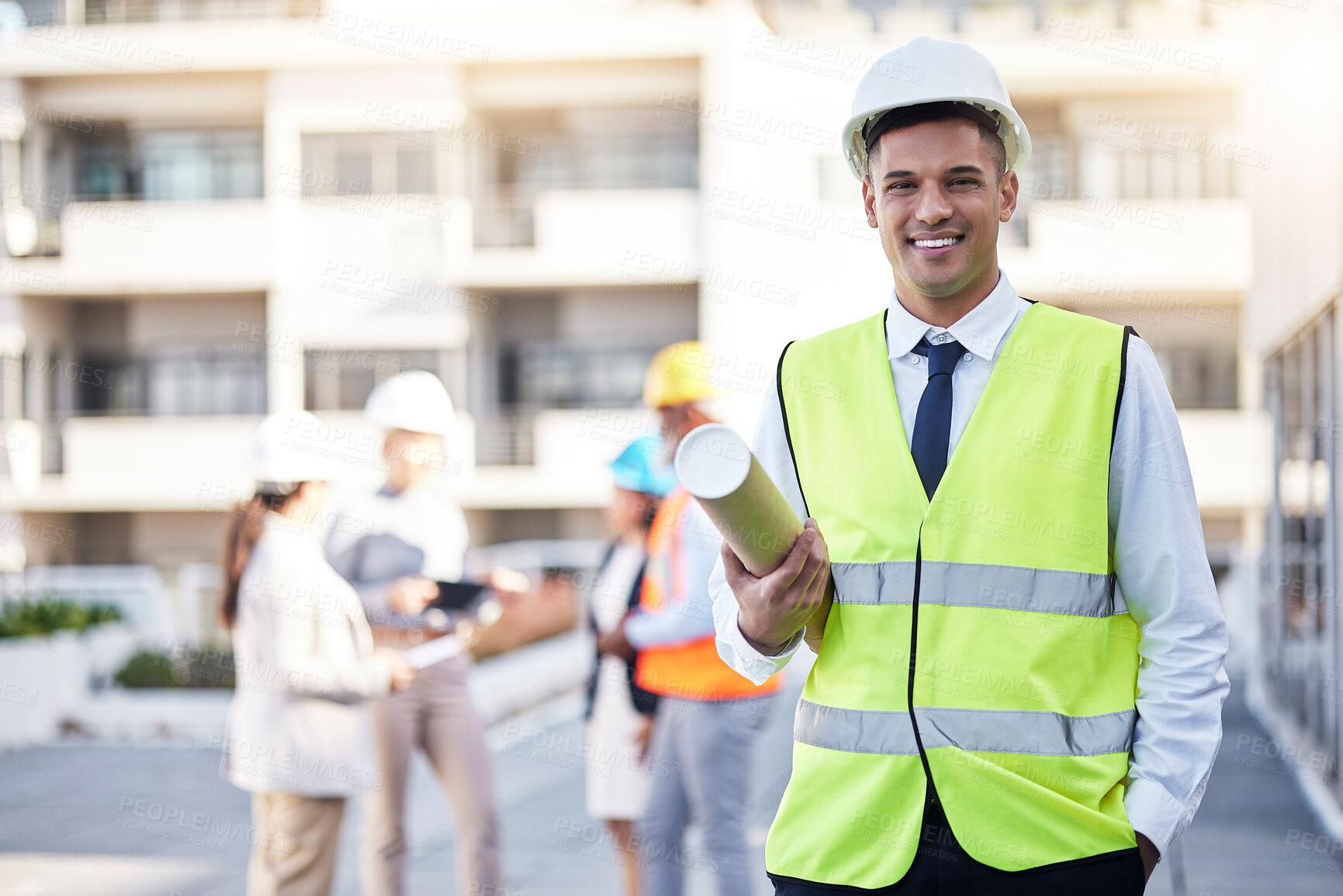 Buy stock photo Portrait, engineering or architect with a blueprint on construction site planning a real estate building. Designer, leadership or happy man with smile or vision of renovation or project management