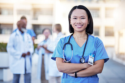 Buy stock photo Happy asian doctor or woman in portrait for hospital leadership, internship opportunity or career integrity. Face of proud healthcare worker, nurse or person for medical services goals and mission