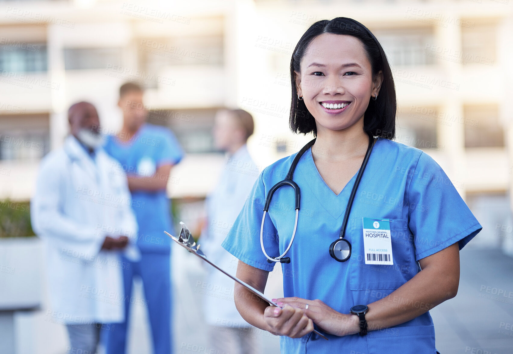 Buy stock photo Checklist, portrait and happy doctor or woman with hospital leadership, workflow management and surgeon schedule. Face of healthcare worker, nurse or asian person for medical services and paperwork