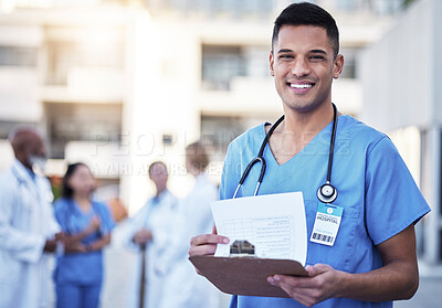 Buy stock photo Checklist, portrait and happy doctor or man with hospital leadership, workflow management and surgeon schedule. Face of healthcare worker, nurse or young person with medical services and paperwork