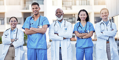 Buy stock photo Diversity, proud and doctors portrait in healthcare service, hospital integrity and teamwork or leadership. Group of medical staff, nurses or professional employees, clinic mission or workforce goals