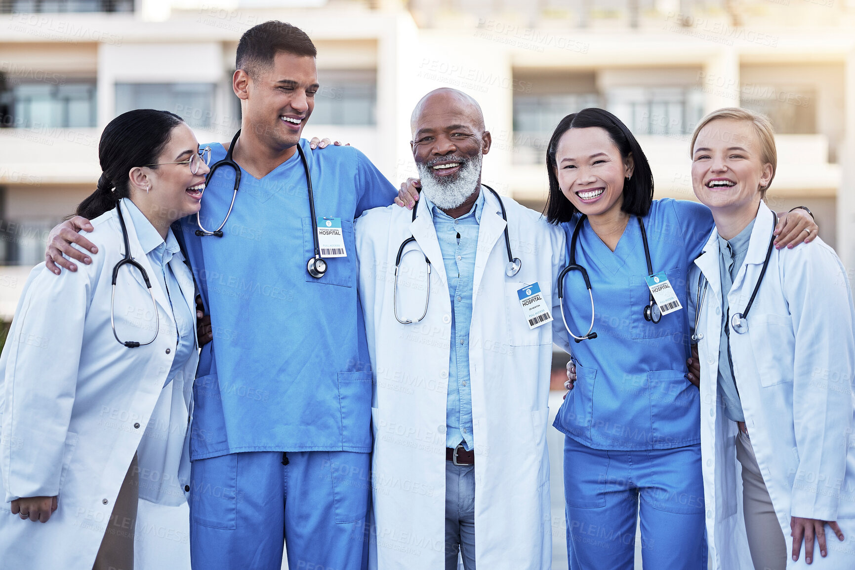 Buy stock photo Healthcare, collaboration and doctors with nurses in medicine standing outdoor at a hospital as a team you can trust. Medical, teamwork or laughing with a man and woman medicine professional group