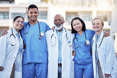 Buy stock photo Portrait, healthcare and doctors with nurses in medicine standing outside a hospital as a team you can trust. Medical students, collaboration or people diversity with professional group in solidarity