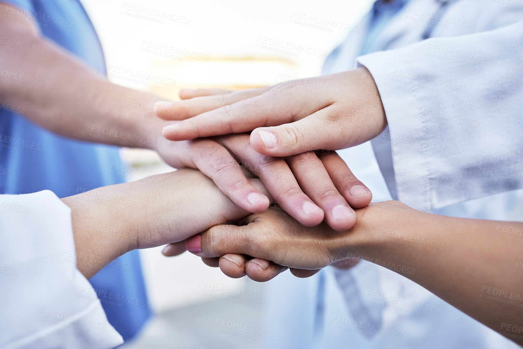 Buy stock photo Healthcare, motivation and hands of doctors for support, partnership and medical success. Teamwork, trust and team of employees in medicine with a gesture for solidarity, commitment and goal