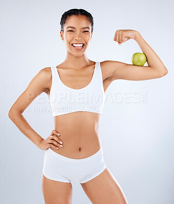 Woman, lingerie or body and diet apple, weight loss scale or healthy food  for fat management, train Stock Photo by YuriArcursPeopleimages
