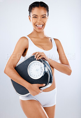 Buy stock photo Black woman, body and scale with fitness and health, diet or detox to lose weight with exercise, healthy lifestyle and wellness. Nutrition, workout and weightloss portrait on studio background