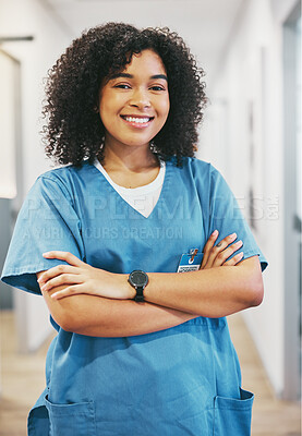Buy stock photo Nurse, portrait and black woman with arms crossed in hospital for healthcare. Medical, wellness and happy, confident and proud female physician, professional or doctor from South Africa in clinic.