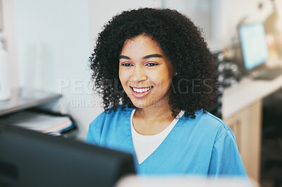 Buy stock photo Healthcare, computer and doctor reading an email, research and schedule information. Medicine, communication and nursing student learning about cardiology on the internet with a pc at a clinic