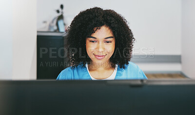 Buy stock photo Healthcare, computer and doctor reading research, results and schedule information. Medicine, communication and African nursing student learning about medical cardiology on the internet with a pc